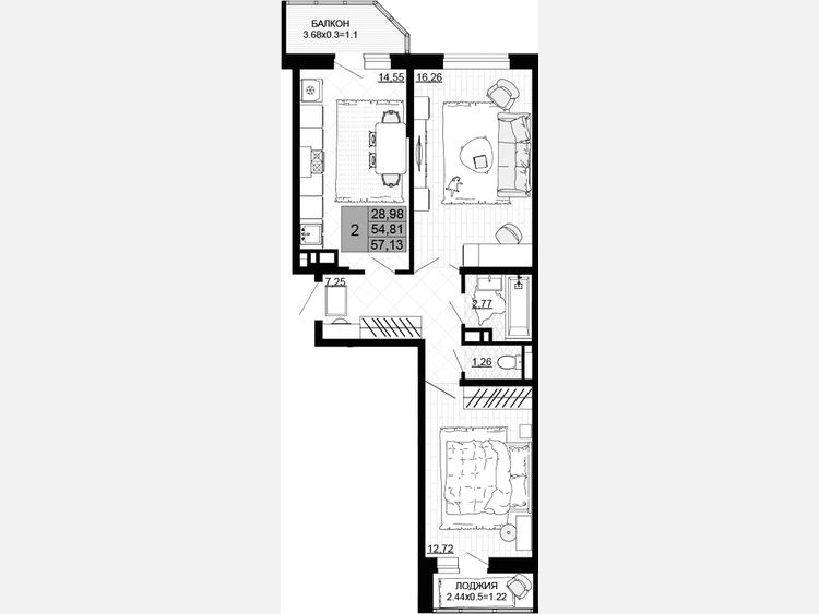 2-комнатная квартира, 54.81 м², 2/12 этаж фото 0