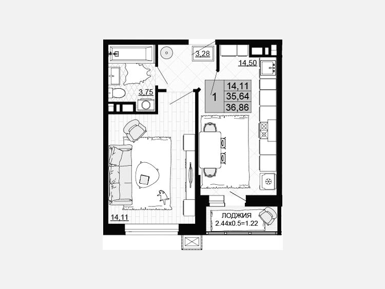 1-комнатная квартира, 35.64 м², 2/12 этаж фото 0