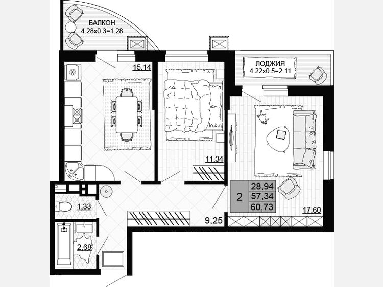 2-комнатная квартира, 57.34 м², 2/12 этаж фото 0