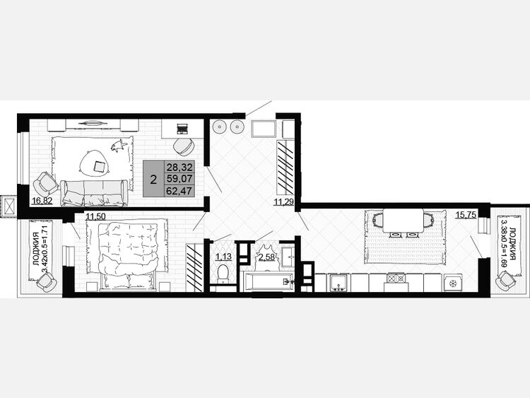 2-комнатная квартира, 59.07 м², 8/12 этаж фото 0