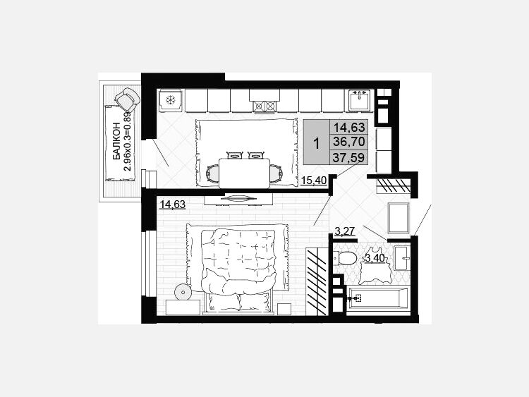 1-комнатная квартира, 36.70 м², 12/12 этаж фото 0