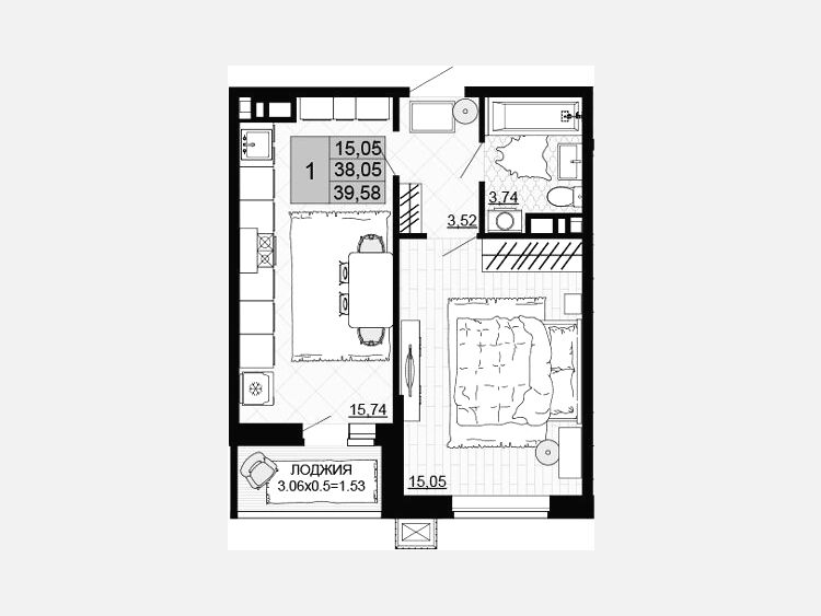 1-комнатная квартира, 38.05 м², 2/12 этаж фото 0