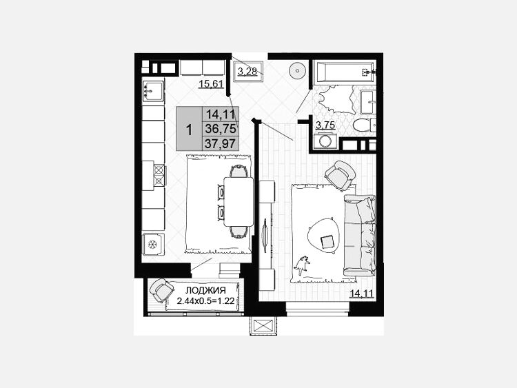 1-комнатная квартира, 36.75 м², 7/12 этаж фото 0