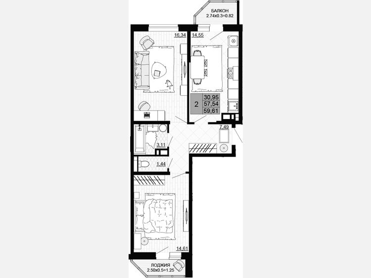 2-комнатная квартира, 57.54 м², 11/12 этаж фото 0