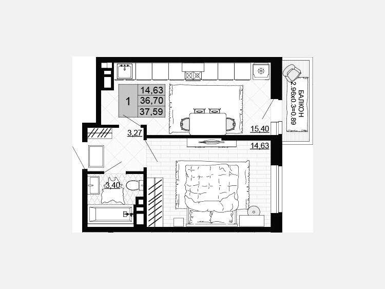 1-комнатная квартира, 36.70 м², 7/12 этаж фото 0