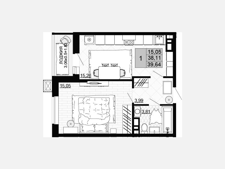 1-комнатная квартира, 38.11 м², 7/12 этаж фото 0