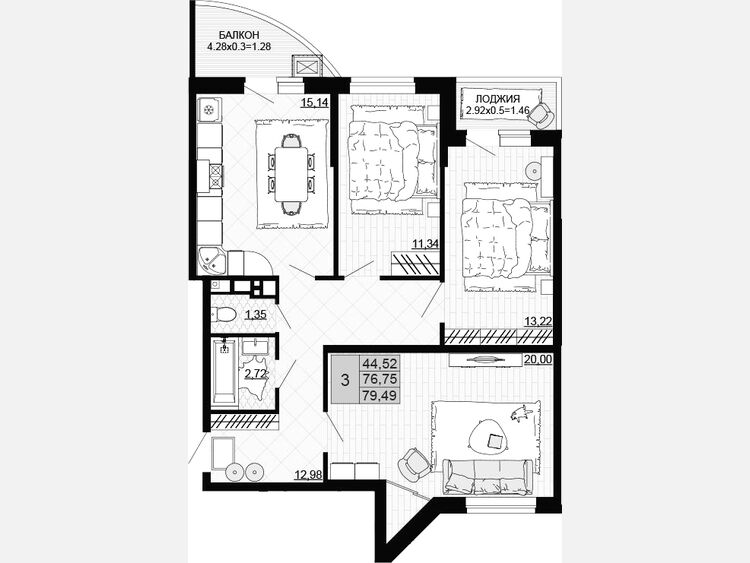 3-комнатная квартира, 76.75 м², 8/12 этаж фото 0